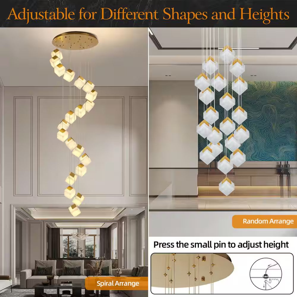 24 In. 20-Light Gold Dimmable Alabaster Cluster Chandelier, Staircase Chandelier with Alabaster Shades, for Foyer, Stair