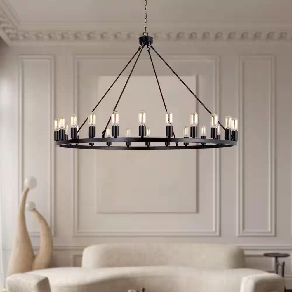 Bismarck 24-Light Black Candle Style Wagon Wheel Chandelier (No Assembly Required for Chandelier Body)
