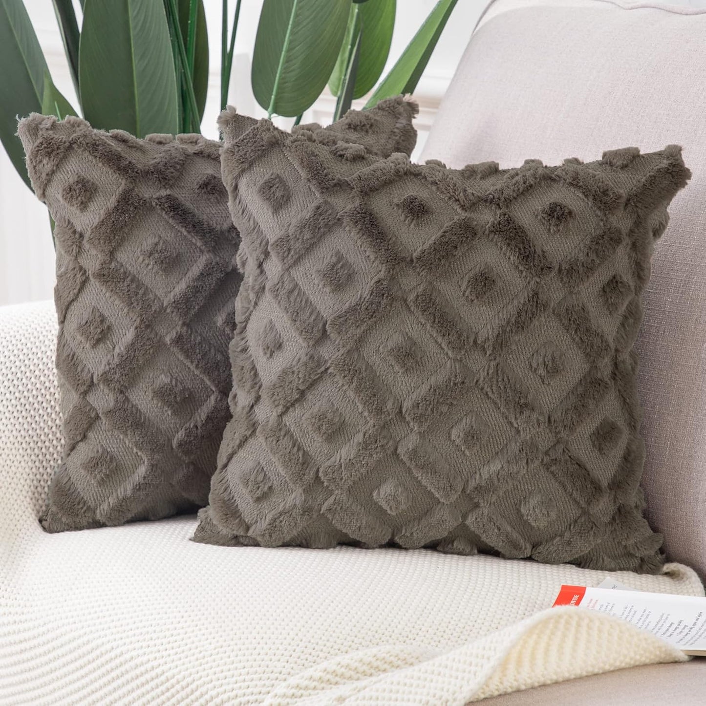 MADIZZ Set of 2 Beige Plush Short Wool Throw Pillow Covers 20X20 Inch Square Super Soft Cozy Decorative Velvet Cushion Cover for Sofa Bedroom Livingroom Pillow Shell
