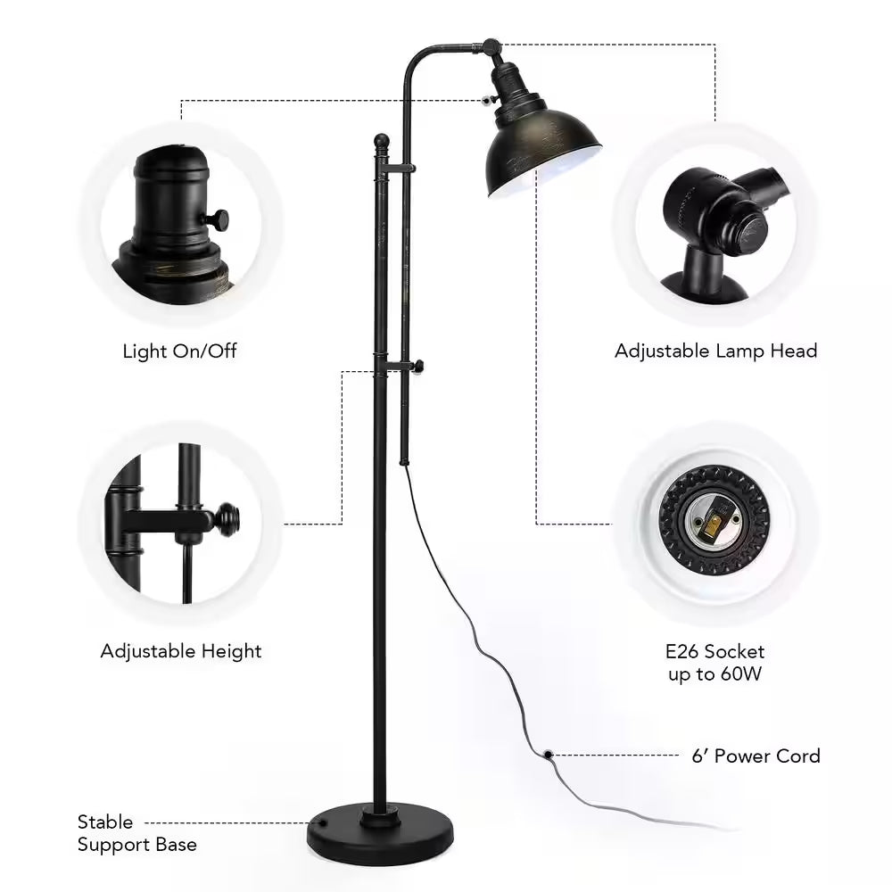 65 In. Adjustable Aged Bronze Industrial Floor Lamp with Metal Shade