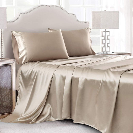 4 Piece Luxury Queen Sheet Set, Taupe Satin Sheet Set, Soft Silky Bed Sheets Queen Set with 1 Deep Pocket Fitted Sheet 1 Flat Sheet 2 Satin Pillowcases
