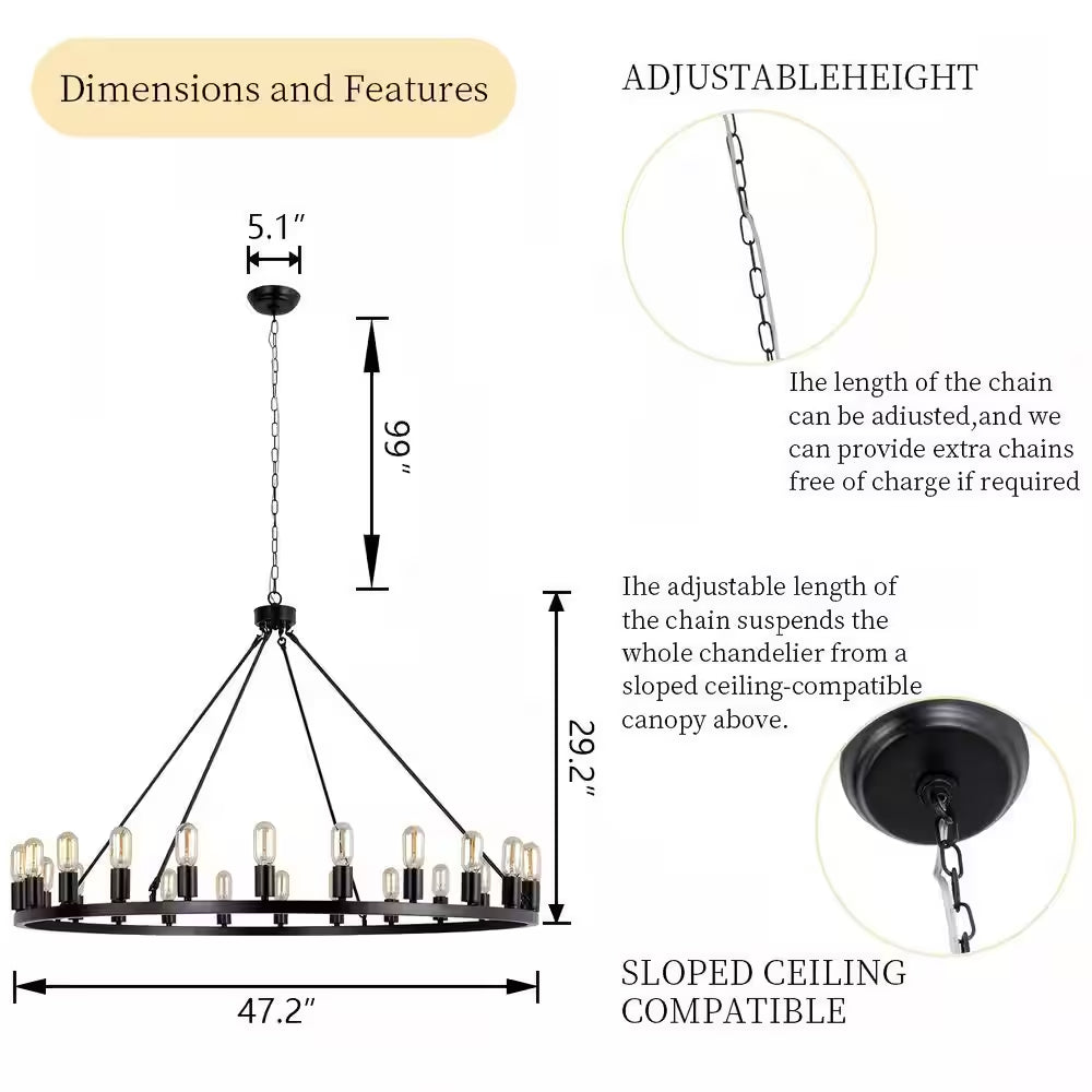 Bismarck 24-Light Black Candle Style Wagon Wheel Chandelier (No Assembly Required for Chandelier Body)