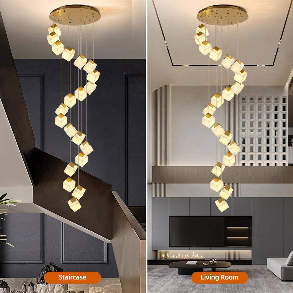 24 In. 20-Light Gold Dimmable Alabaster Cluster Chandelier, Staircase Chandelier with Alabaster Shades, for Foyer, Stair