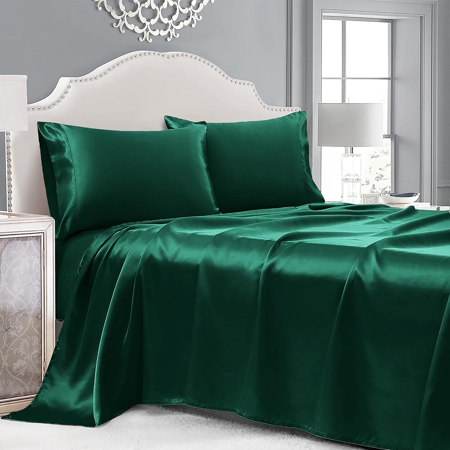 4 Piece Luxury Queen Sheet Set, Taupe Satin Sheet Set, Soft Silky Bed Sheets Queen Set with 1 Deep Pocket Fitted Sheet 1 Flat Sheet 2 Satin Pillowcases