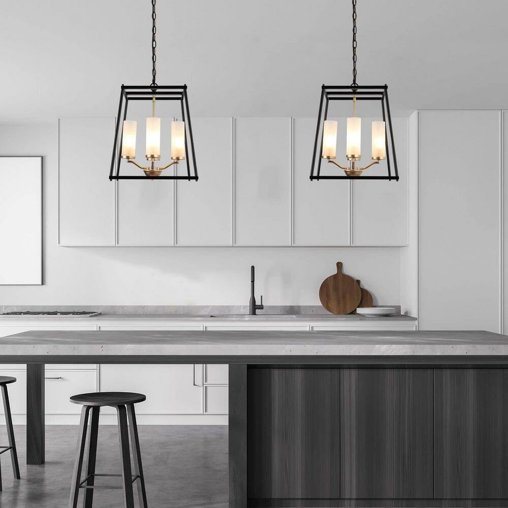 Industrial 4-Light Black Rectangle Chandelier with Frosted Glass Shades, Transitional Gold Pendant Light for Dining Room