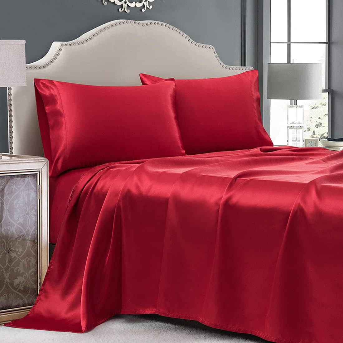 4 Piece Luxury Queen Sheet Set, Taupe Satin Sheet Set, Soft Silky Bed Sheets Queen Set with 1 Deep Pocket Fitted Sheet 1 Flat Sheet 2 Satin Pillowcases
