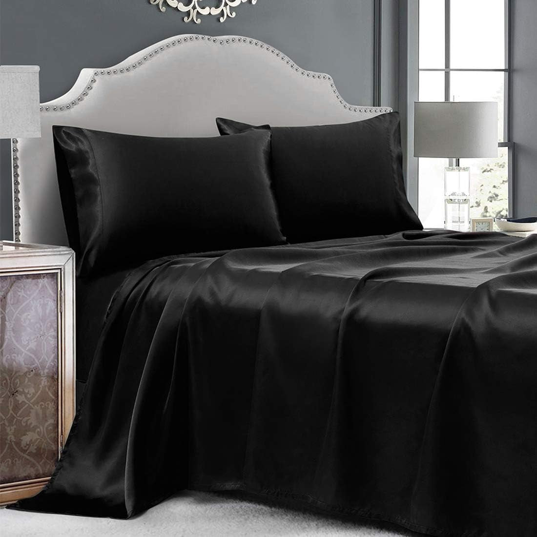 4 Piece Luxury Queen Sheet Set, Taupe Satin Sheet Set, Soft Silky Bed Sheets Queen Set with 1 Deep Pocket Fitted Sheet 1 Flat Sheet 2 Satin Pillowcases