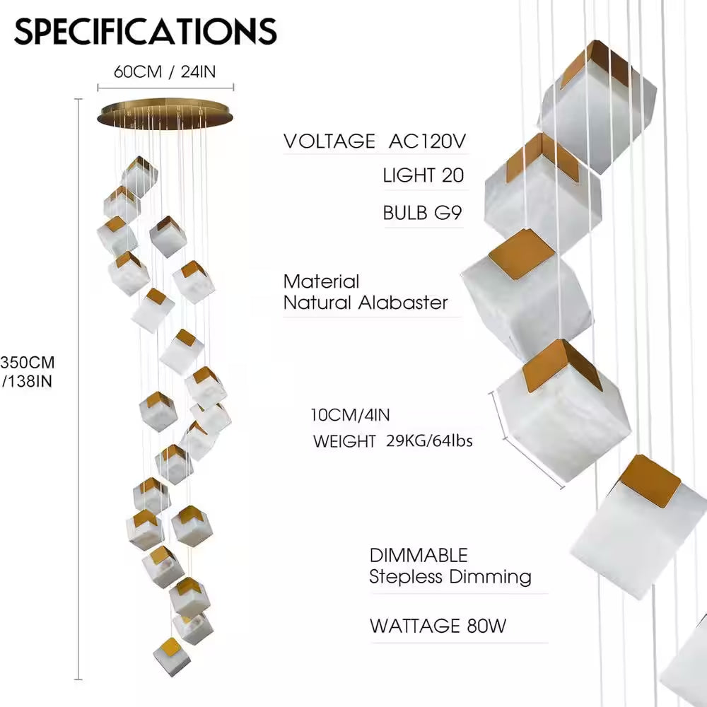 24 In. 20-Light Gold Dimmable Alabaster Cluster Chandelier, Staircase Chandelier with Alabaster Shades, for Foyer, Stair