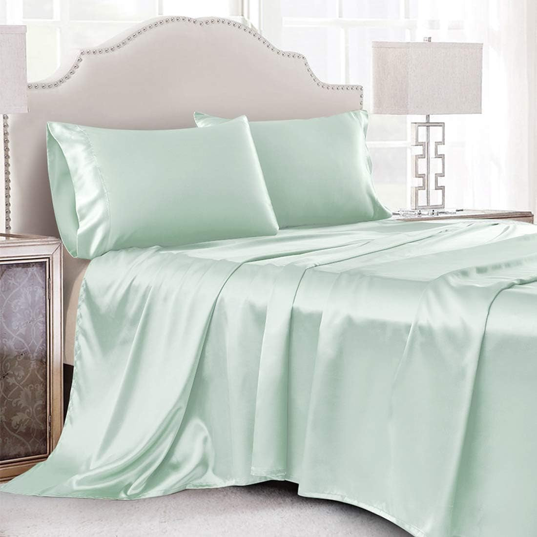 4 Piece Luxury Queen Sheet Set, Taupe Satin Sheet Set, Soft Silky Bed Sheets Queen Set with 1 Deep Pocket Fitted Sheet 1 Flat Sheet 2 Satin Pillowcases