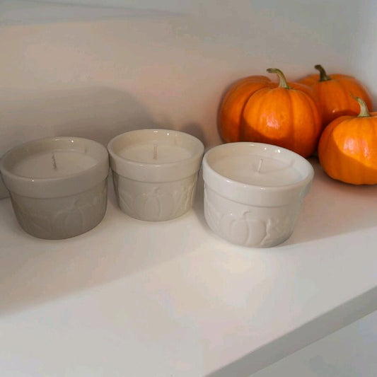 Fall Decor Ramekin Soy Wax Scented Candle. Wax Net Weight 3Oz. Pumpkin and Leaf Design. off White Color Candle Business Decorative Candle