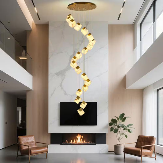 24 In. 20-Light Gold Dimmable Alabaster Cluster Chandelier, Staircase Chandelier with Alabaster Shades, for Foyer, Stair