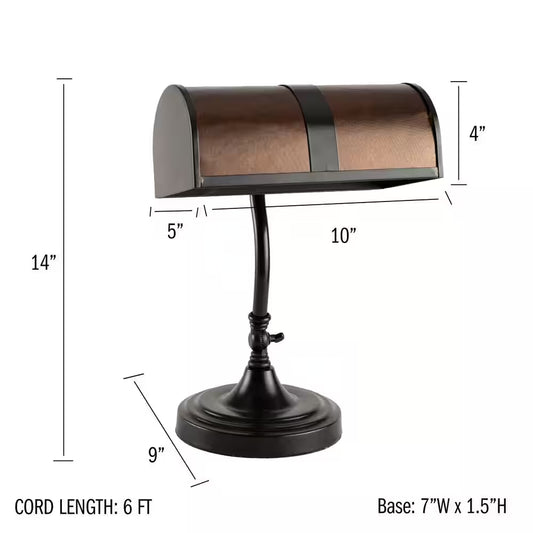 14 In. Black Mission Style LED Bankers Lamp with Amber Mica Shade