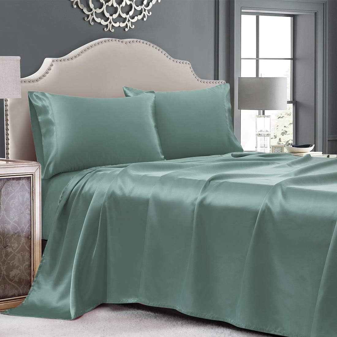 4 Piece Luxury Queen Sheet Set, Taupe Satin Sheet Set, Soft Silky Bed Sheets Queen Set with 1 Deep Pocket Fitted Sheet 1 Flat Sheet 2 Satin Pillowcases