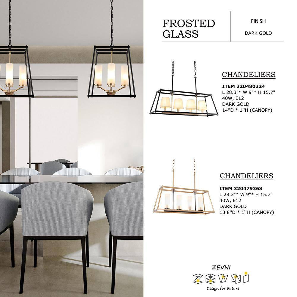 Industrial 4-Light Black Rectangle Chandelier with Frosted Glass Shades, Transitional Gold Pendant Light for Dining Room