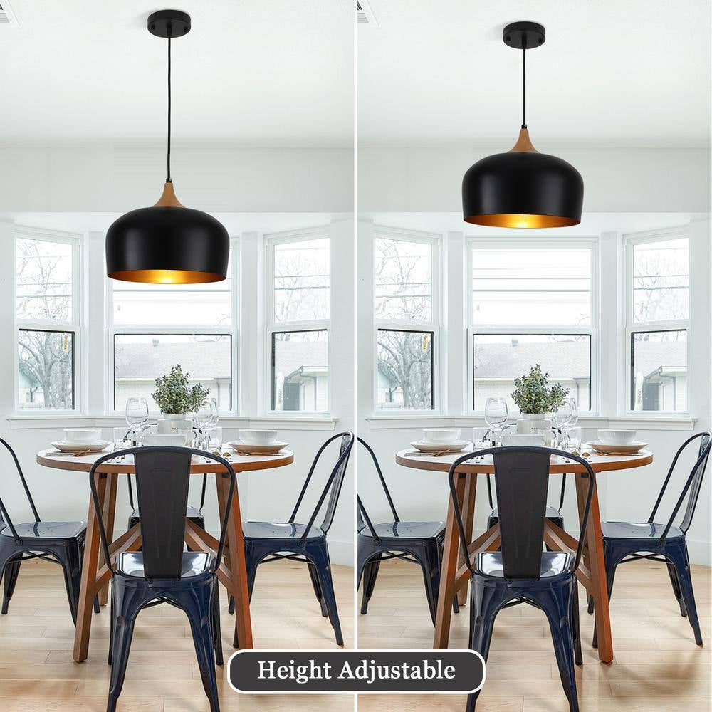 1-Light Black Metal Dome Pendant Light with Solid Wood Accents, No Bulbs Included