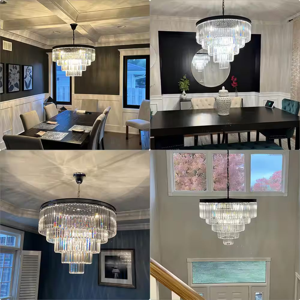 Annapolis 12-Light Black/Clear Unique Tiered Chandelier with Crystal Accents