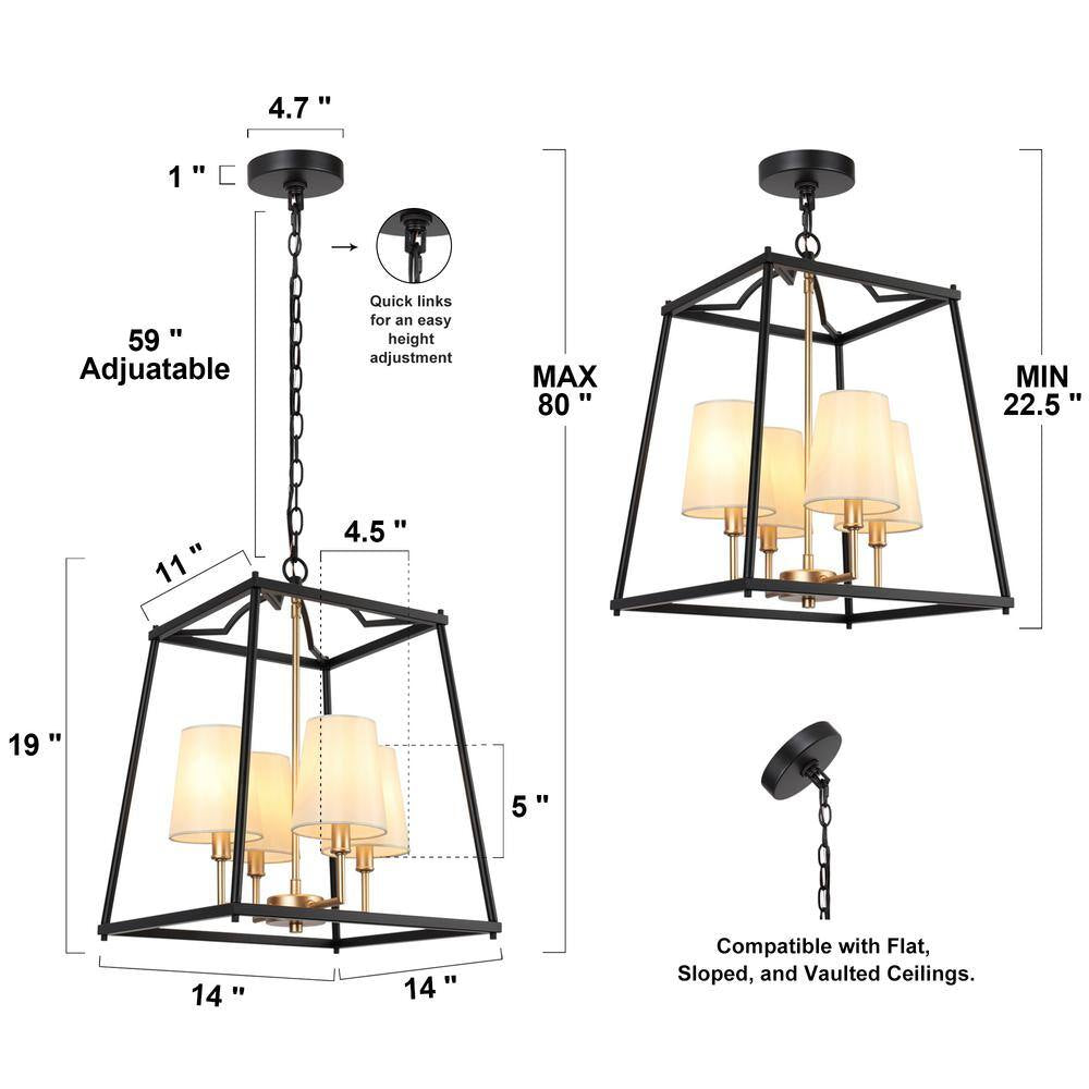 Classic 4-Light Black Cage Chandelier Lighting with Fabric Shades, Modern Square Pendant Light for Dining Room