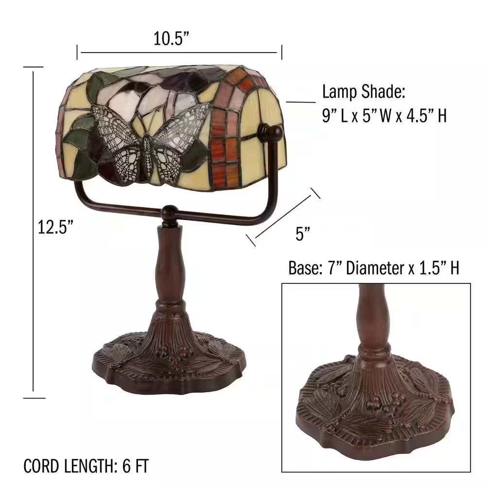 12.5 In. Multi-Colored Tiffany Style LED Bankers Lamp with Butterfly Design