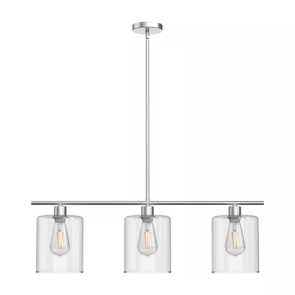 3-Light Brushed Nickel Modern Island Pendant Light Fixtures, Linear Chandelier Hanging Light with Clear Glass Shade