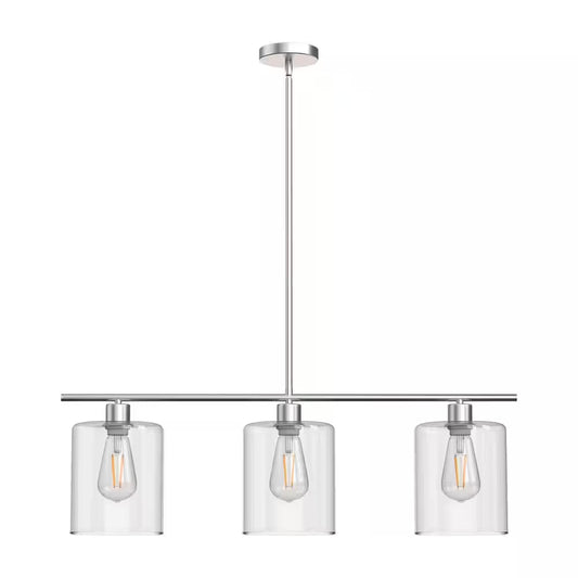 3-Light Brushed Nickel Modern Island Pendant Light Fixtures, Linear Chandelier Hanging Light with Clear Glass Shade
