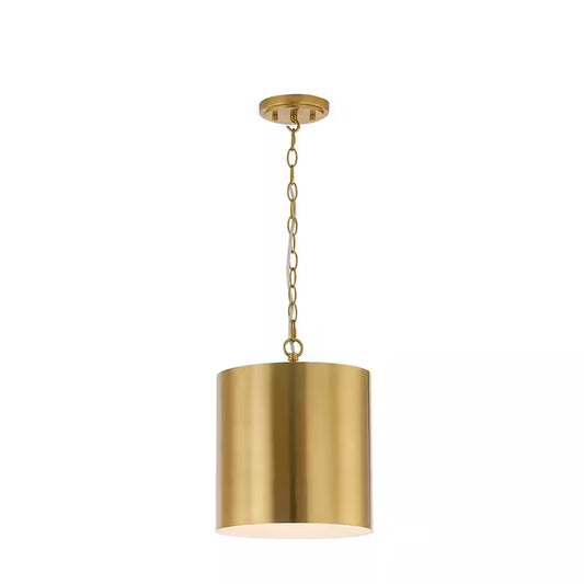 Bandeau 1-Light Aged Brass Finish Shaded Pendant Light with White inside Metal Shade