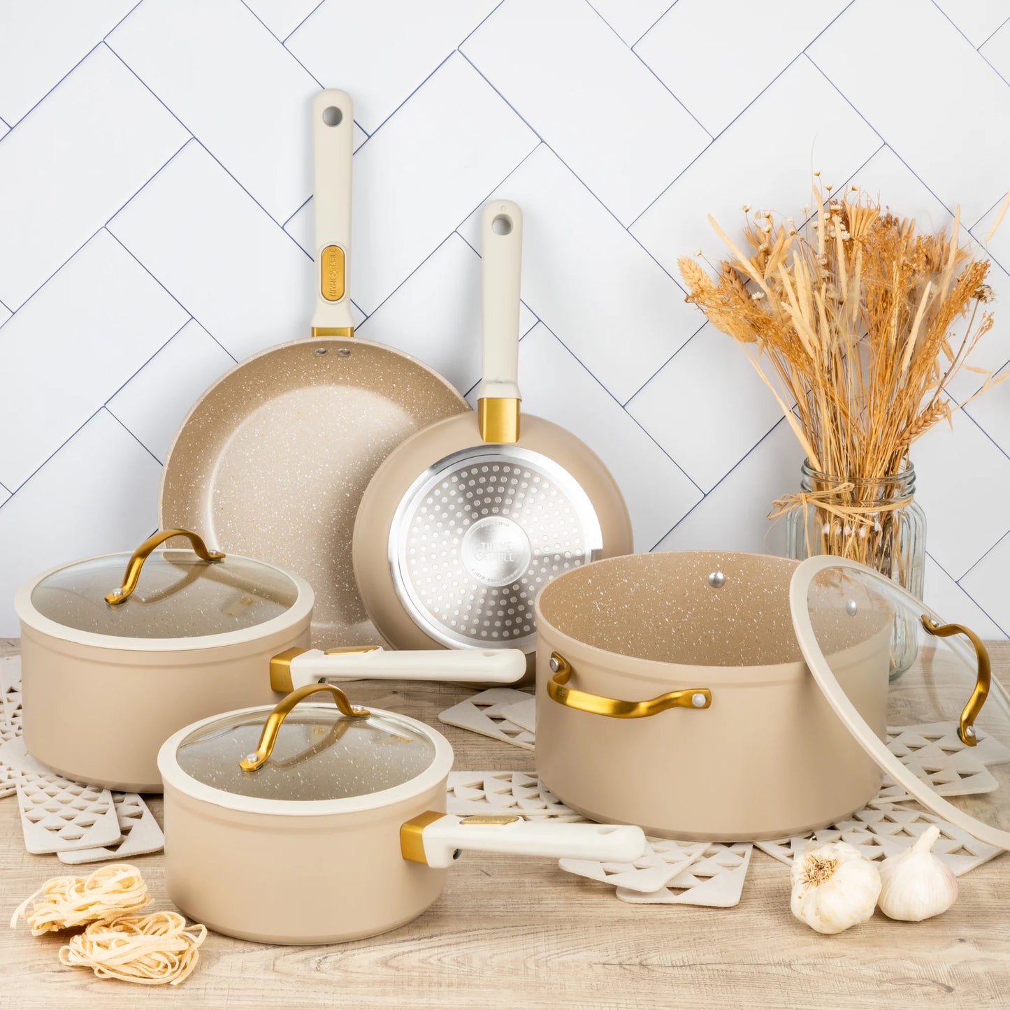 Granite 12-Piece Cookware Set Non-Stick - Taupe & Gold