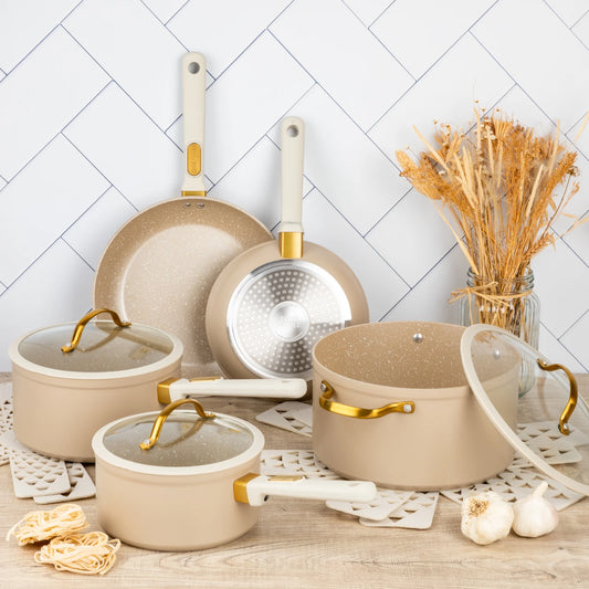 Granite 12-Piece Cookware Set Non-Stick - Taupe & Gold