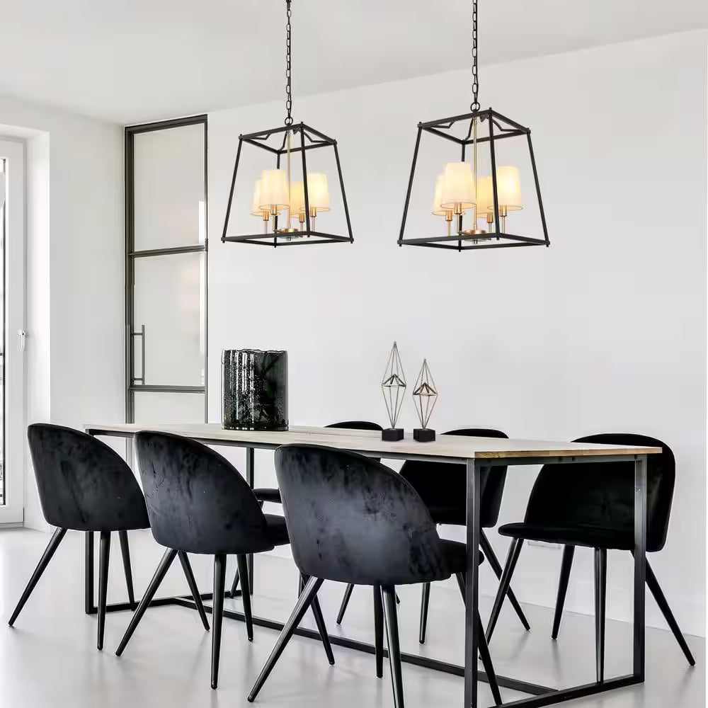 Classic 4-Light Black Cage Chandelier Lighting with Fabric Shades, Modern Square Pendant Light for Dining Room