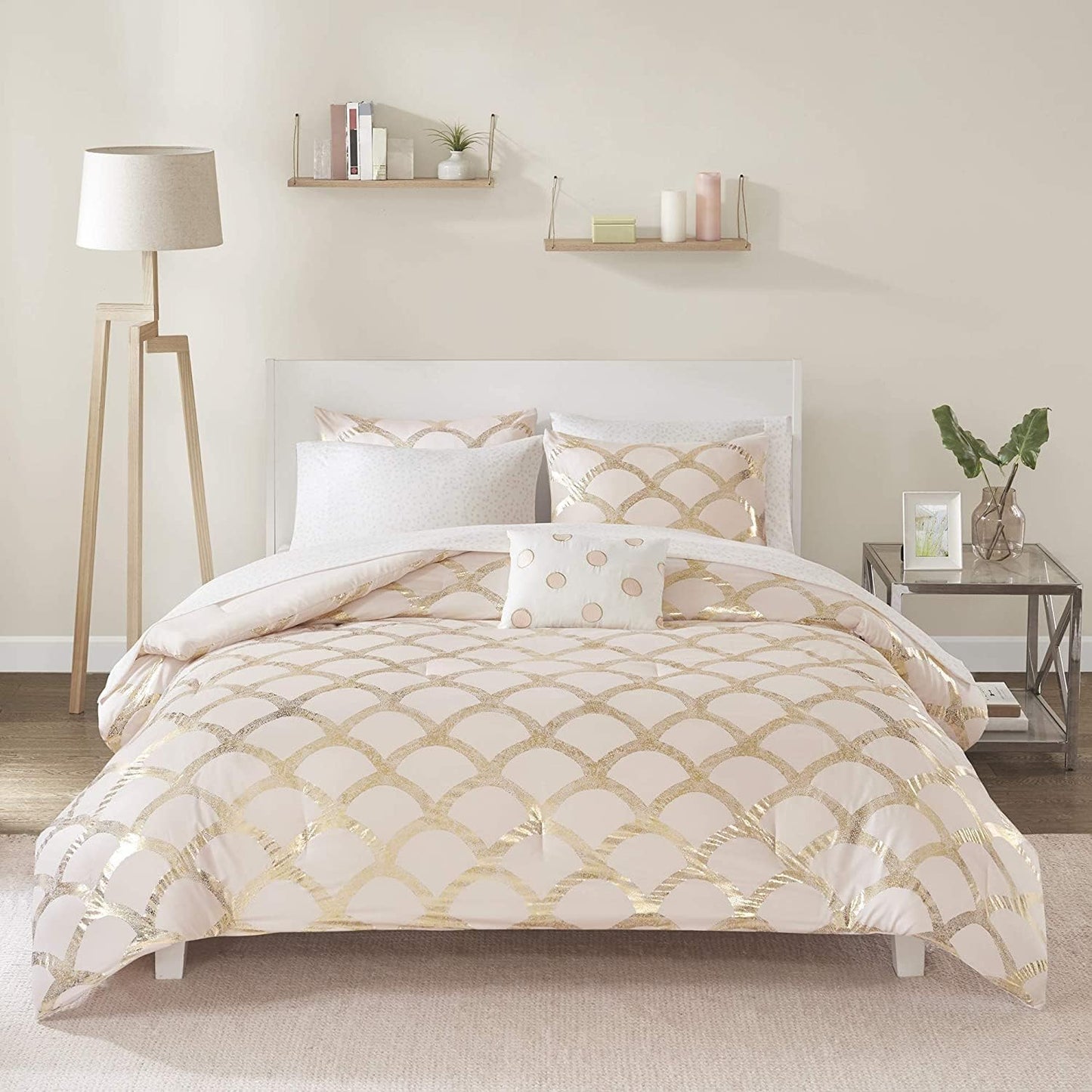 Lorna Complete Bed in a Bag Trendy Metallic Mermaid Scale Scallop Print Comforter with Polka Dots Sheet Set, Teen Bedding for Girls Bedroom, Twin, Blush 6 Piece