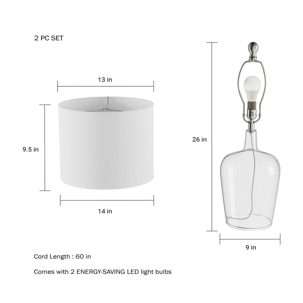 26 In. Glass Cloche Table Lamps, Set of 2 Modern Farmhouse Accent Lights with Ivory Shades White/Clear