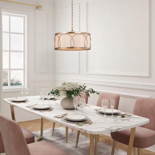 Modern Farmhouse Gold Pendant Light, 3-Light Transitional Drum Kitchen Chandelier with Fabric Shade for Dining Room