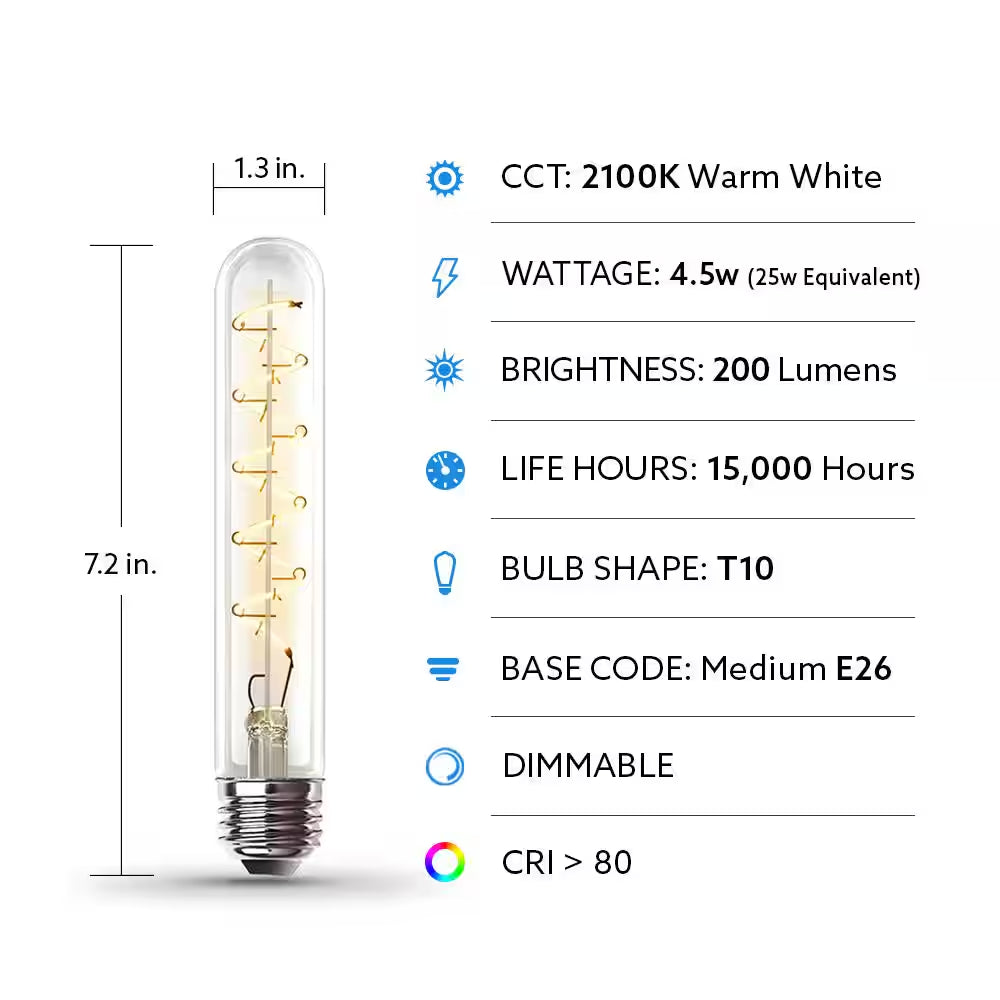 25-Watt Equivalent T10 Dimmable Spiral Filament Large Clear Glass E26 Vintage Edison LED Light Bulb, Warm White