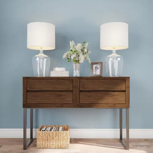 26 In. Glass Cloche Table Lamps, Set of 2 Modern Farmhouse Accent Lights with Ivory Shades White/Clear