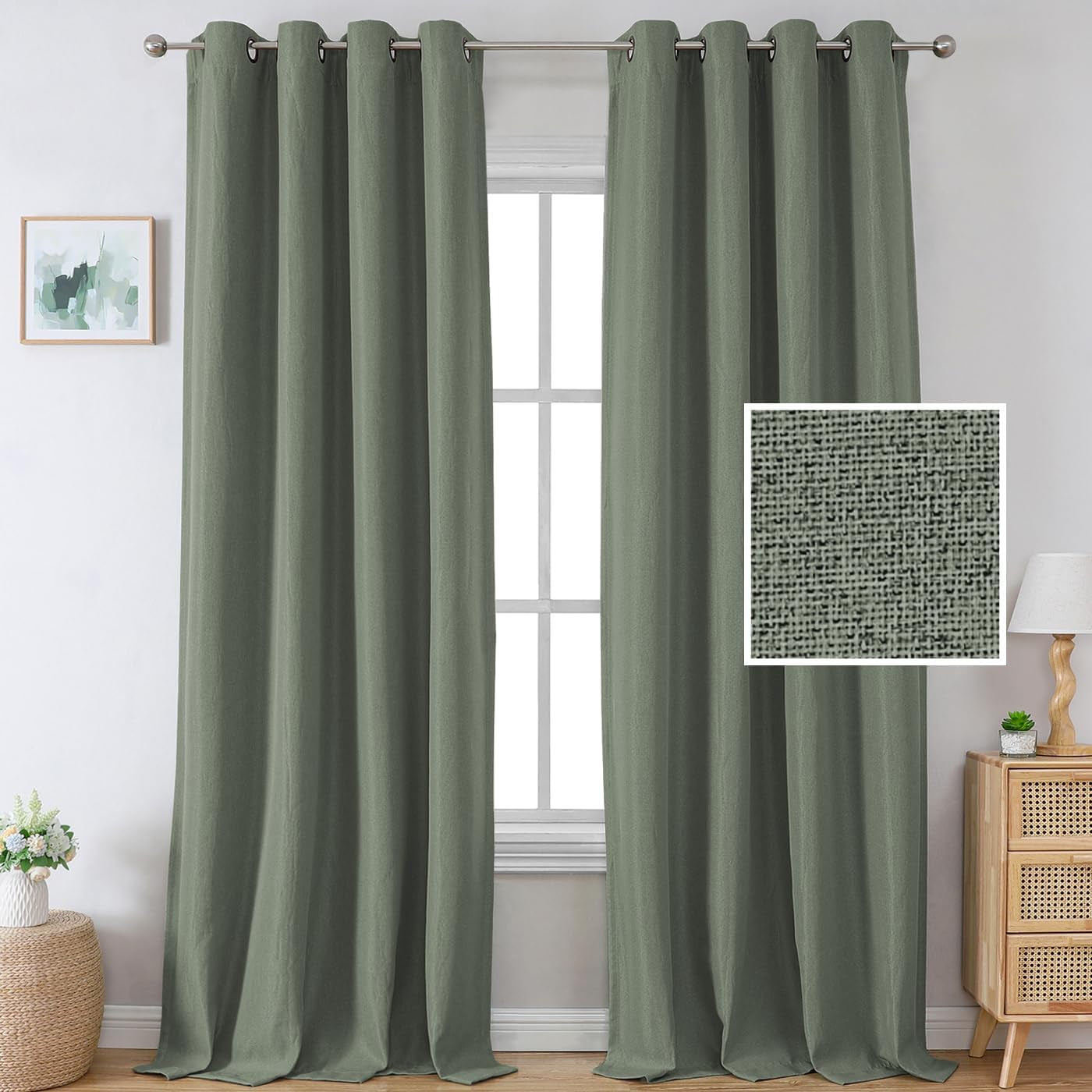 H.VERSAILTEX Linen Blackout Curtains 96 Inch Linen Textured Room Darkening Curtain for Bedroom Boho Rustic Farmhouse Decor Burlap Curtains Grommet Linen Curtain Drapes 2 Panels, Heather Light Taupe