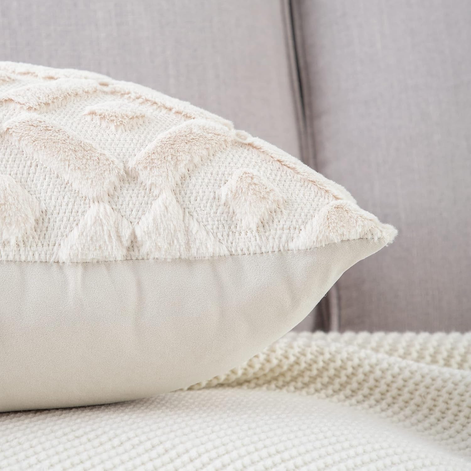 MADIZZ Set of 2 Beige Plush Short Wool Throw Pillow Covers 20X20 Inch Square Super Soft Cozy Decorative Velvet Cushion Cover for Sofa Bedroom Livingroom Pillow Shell