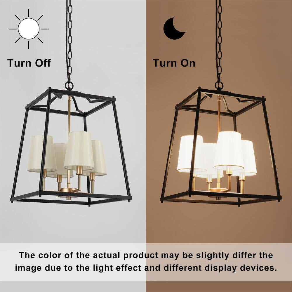 Classic 4-Light Black Cage Chandelier Lighting with Fabric Shades, Modern Square Pendant Light for Dining Room
