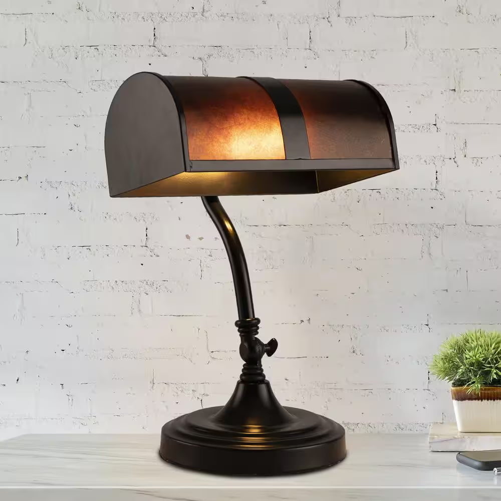 14 In. Black Mission Style LED Bankers Lamp with Amber Mica Shade