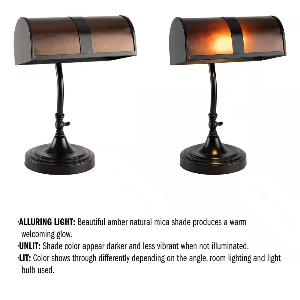 14 In. Black Mission Style LED Bankers Lamp with Amber Mica Shade