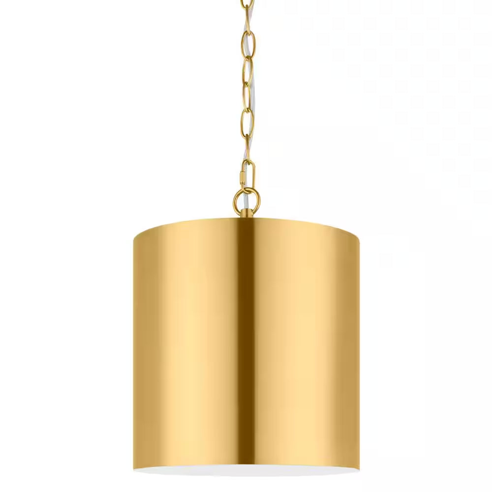 Bandeau 1-Light Aged Brass Finish Shaded Pendant Light with White inside Metal Shade