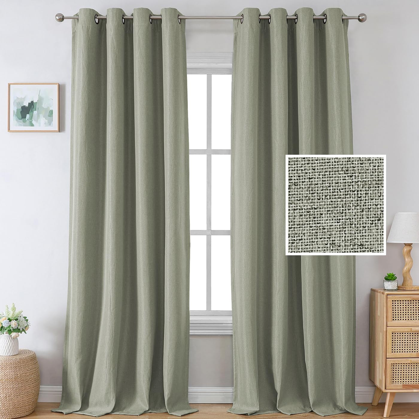 H.VERSAILTEX Linen Blackout Curtains 96 Inch Linen Textured Room Darkening Curtain for Bedroom Boho Rustic Farmhouse Decor Burlap Curtains Grommet Linen Curtain Drapes 2 Panels, Heather Light Taupe