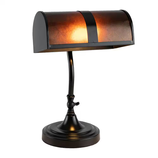 14 In. Black Mission Style LED Bankers Lamp with Amber Mica Shade