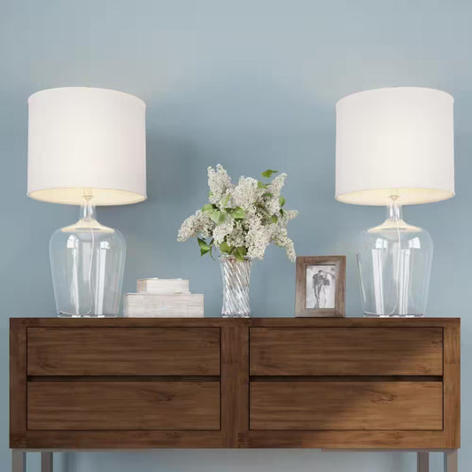 26 In. Glass Cloche Table Lamps, Set of 2 Modern Farmhouse Accent Lights with Ivory Shades White/Clear