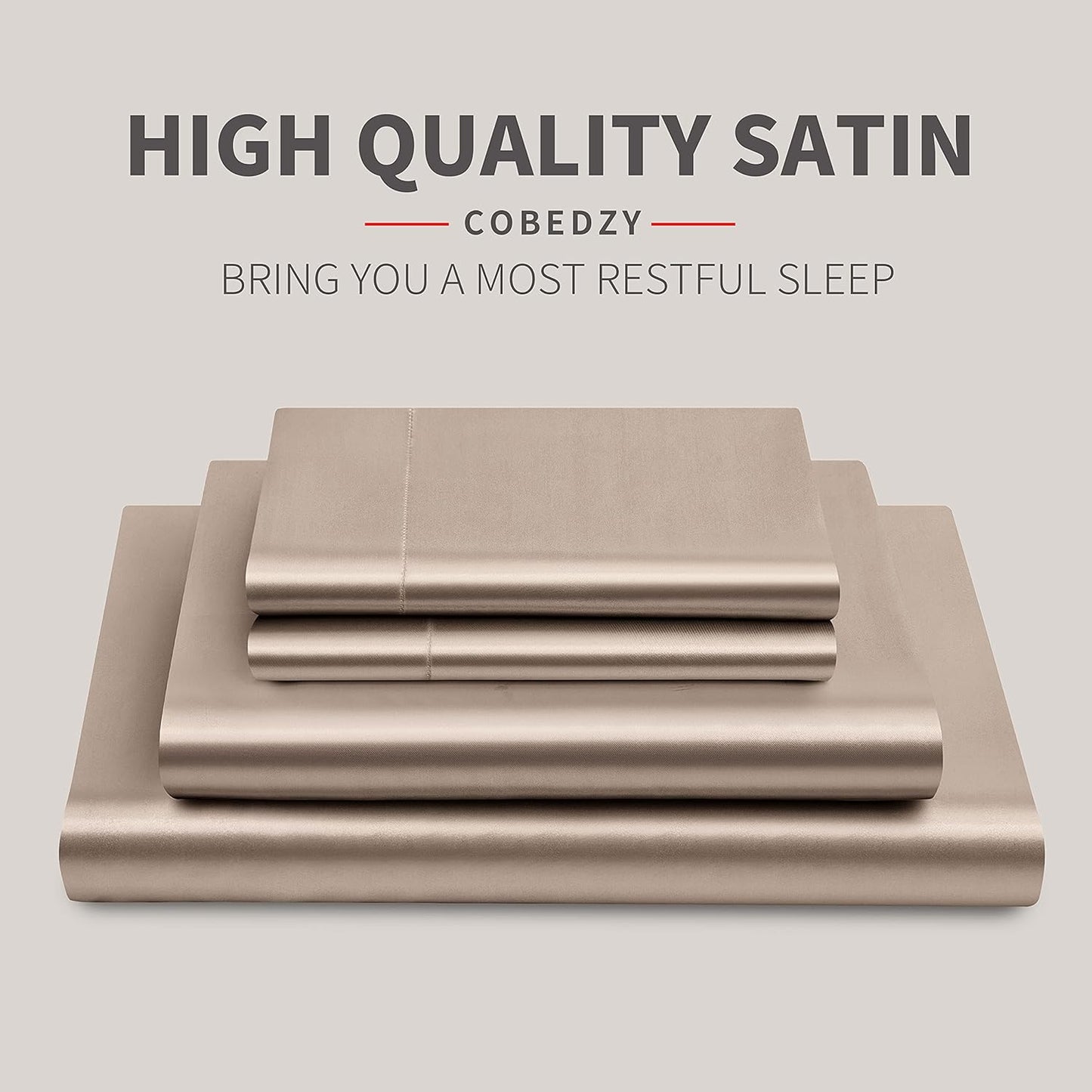 4 Piece Luxury Queen Sheet Set, Taupe Satin Sheet Set, Soft Silky Bed Sheets Queen Set with 1 Deep Pocket Fitted Sheet 1 Flat Sheet 2 Satin Pillowcases