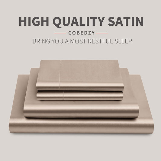 4 Piece Luxury Queen Sheet Set, Taupe Satin Sheet Set, Soft Silky Bed Sheets Queen Set with 1 Deep Pocket Fitted Sheet 1 Flat Sheet 2 Satin Pillowcases
