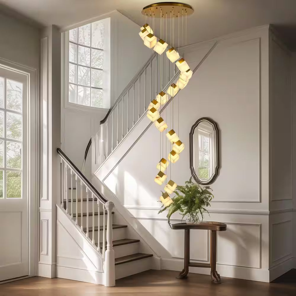 24 In. 20-Light Gold Dimmable Alabaster Cluster Chandelier, Staircase Chandelier with Alabaster Shades, for Foyer, Stair