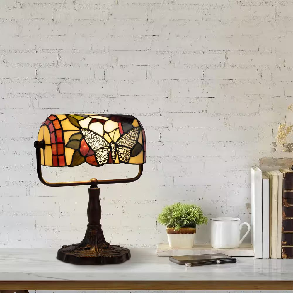 12.5 In. Multi-Colored Tiffany Style LED Bankers Lamp with Butterfly Design