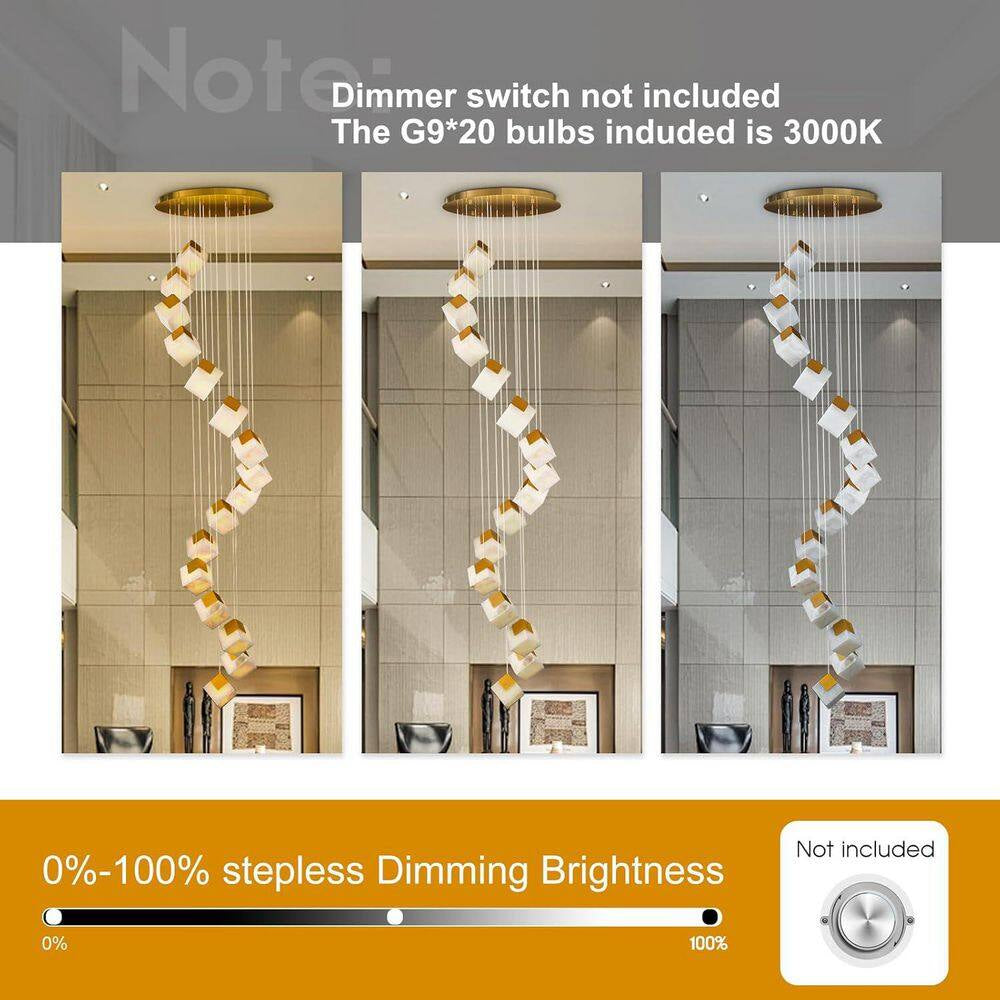 24 In. 20-Light Gold Dimmable Alabaster Cluster Chandelier, Staircase Chandelier with Alabaster Shades, for Foyer, Stair