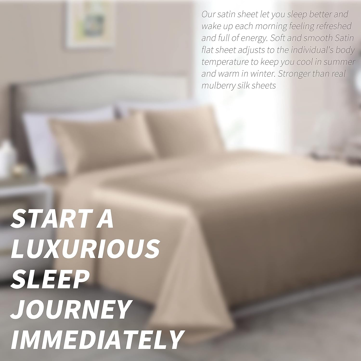 4 Piece Luxury Queen Sheet Set, Taupe Satin Sheet Set, Soft Silky Bed Sheets Queen Set with 1 Deep Pocket Fitted Sheet 1 Flat Sheet 2 Satin Pillowcases