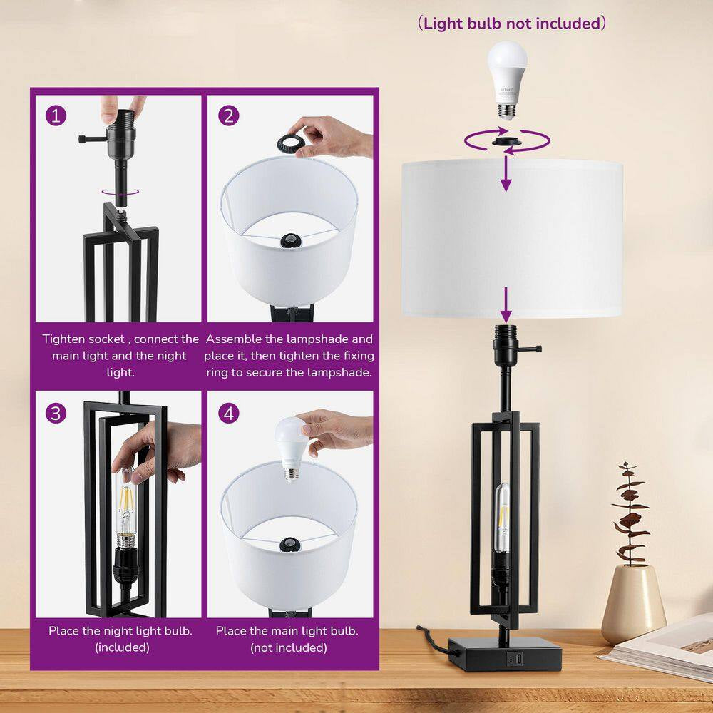 25.6 In. Black Table Lamp with USB Port and Nightlight, LED Bulbs Included (2-Pack)