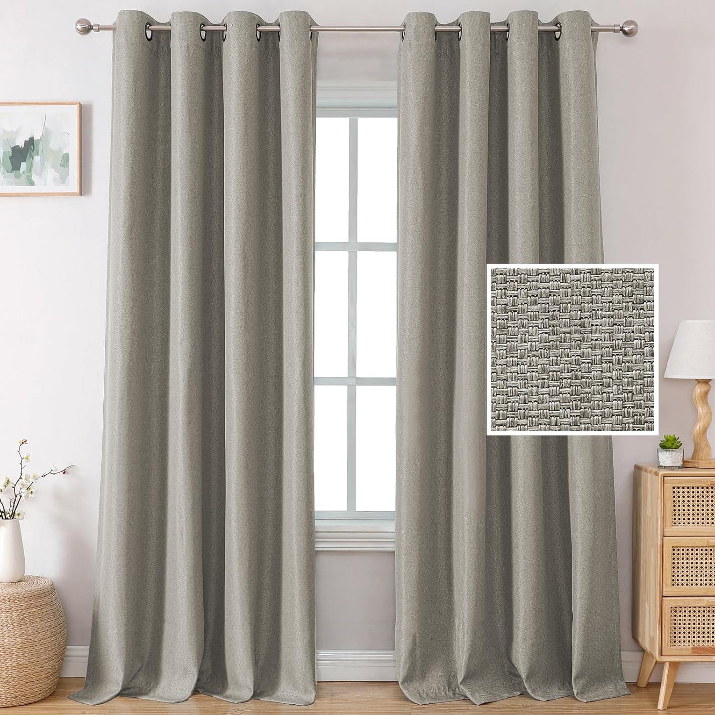 H.VERSAILTEX Linen Blackout Curtains 96 Inch Linen Textured Room Darkening Curtain for Bedroom Boho Rustic Farmhouse Decor Burlap Curtains Grommet Linen Curtain Drapes 2 Panels, Heather Light Taupe